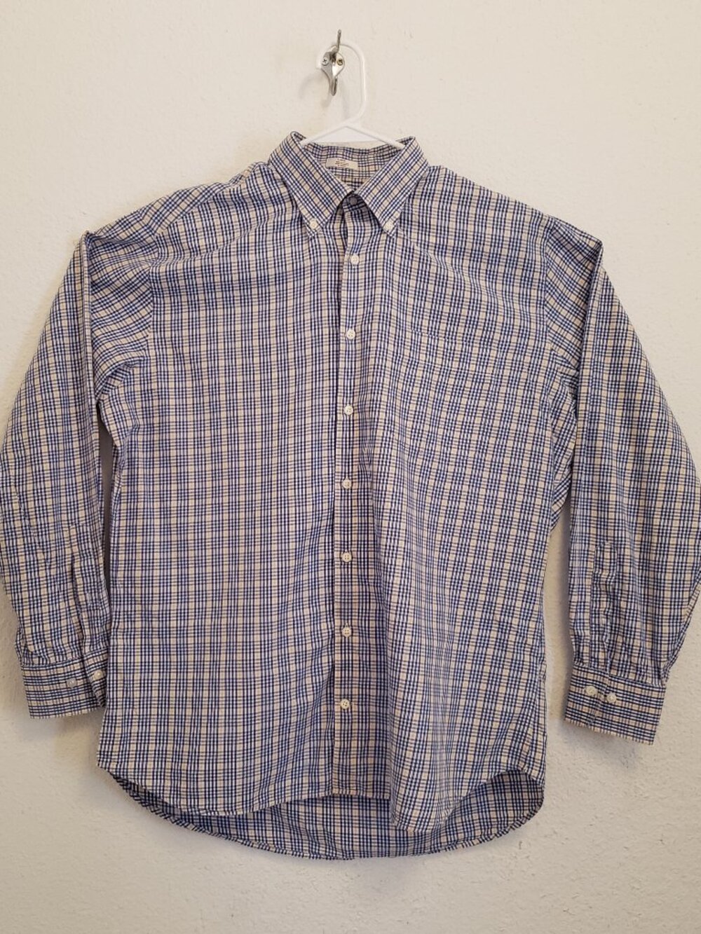 Peter Millar Mens Long Sleeve Button-Up LARGE 100% Cotton Blue Yellow Check